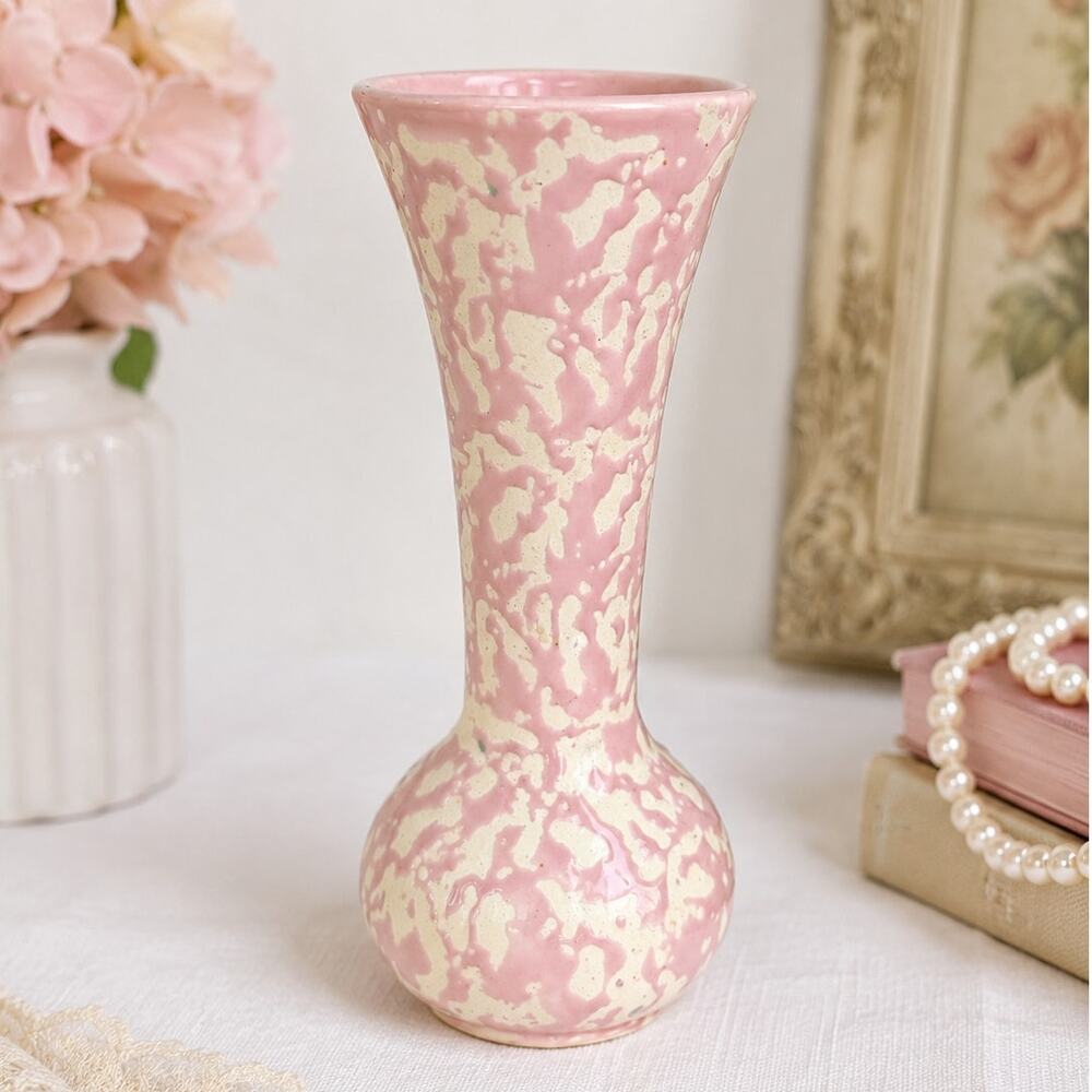 Vintage McCoy Pink Spongeware Art Pottery Bud Vase 7" Tall Speckled Ceramic 50s